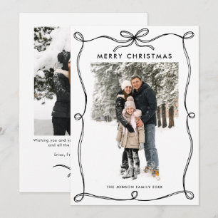 Minimalist Christmas Boho Black Bow Ribbon 2 Photo Holiday Card