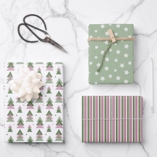Minimalist Christmas in Pink & Green Wrapping Paper Sheet (Front)