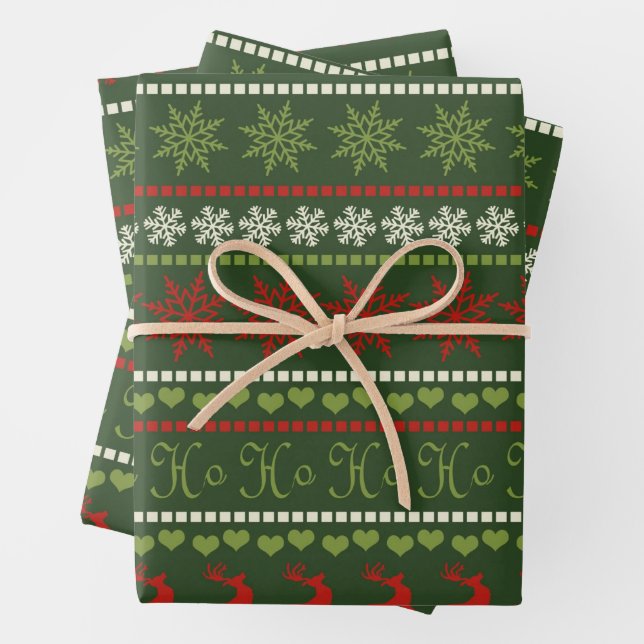 Minimalist Christmas Pattern - Snowflakes, Deer  Wrapping Paper Sheet (In situ)