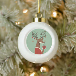 Minimalist Christmas reindeer gift present holiday Ceramic Ball Christmas Ornament
