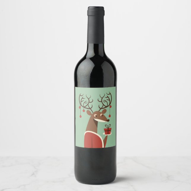 Minimalist Christmas reindeer gift present holiday Wine Label (Front)