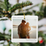 Minimalist Christmas Simple Informal Modern Photo Ceramic Ornament<br><div class="desc">A stylish minimal photo holiday christmas tree ornament with classic typography "Merry Christmas" in black on a clean simple minimalist white background. The photo, holiday greeting and name can be easily customized for a personal touch. A simple, minimalist and contemporary christmas design to stand out this holiday season! The image...</div>
