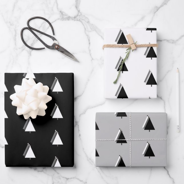 minimalist Christmas tree holiday black white grey Wrapping Paper Sheet (Front)
