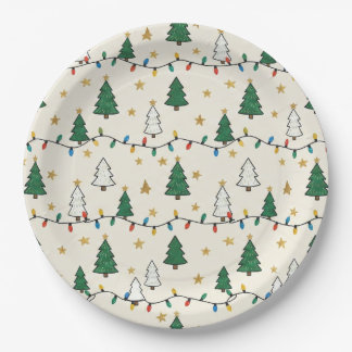 Minimalist Christmas Tree Lights Pattern Party Paper Plate