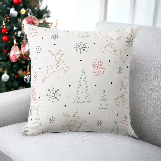 Minimalist Christmas Tree Reindeer Gift Line Art Throw Pillow (Creator Uploaded)