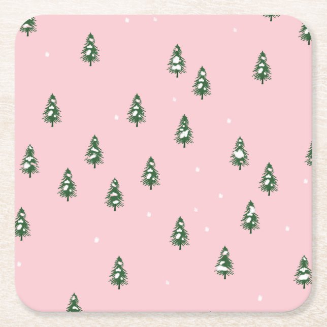 Minimalist Christmas Tree Winter Forest On Pink  Square Paper Coaster (Front)