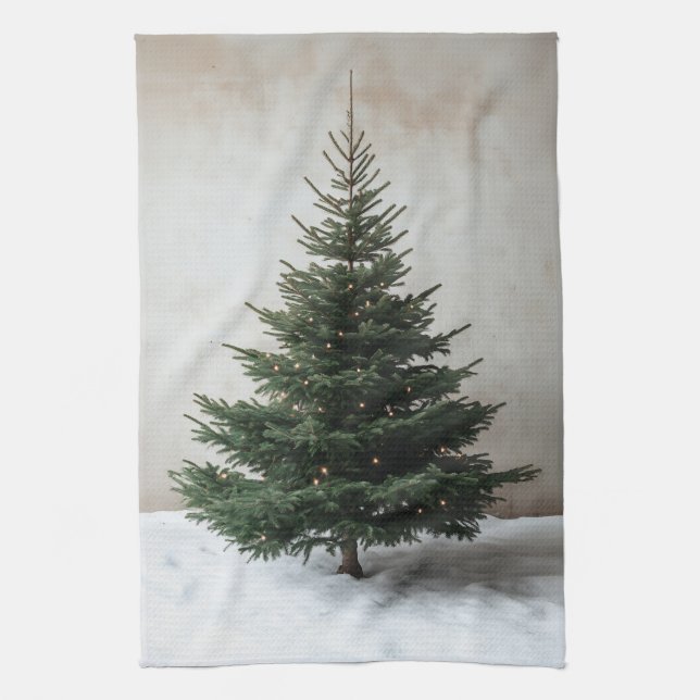 Minimalist Christmas Tree with Soft Lights on Snow Kitchen Towel (Vertical)
