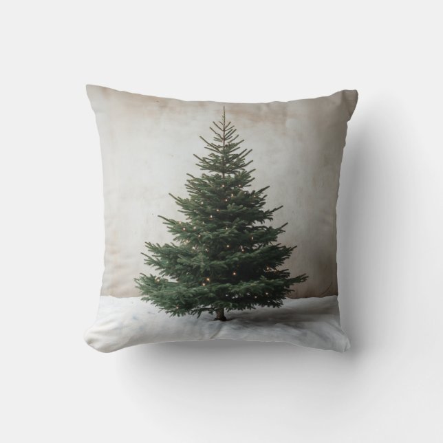 Minimalist Christmas Tree with Soft Lights on Snow Throw Pillow (Front)