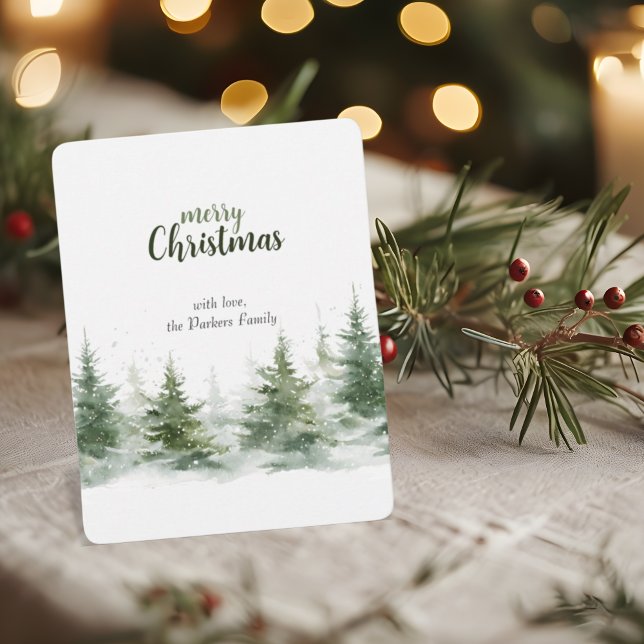 Minimalist Christmas Watercolor Evergreen Snow Holiday Card (Creator Uploaded)
