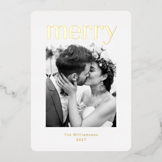 Minimalist Christmas Wedding Photo White Gold Foil Holiday Card (Front)