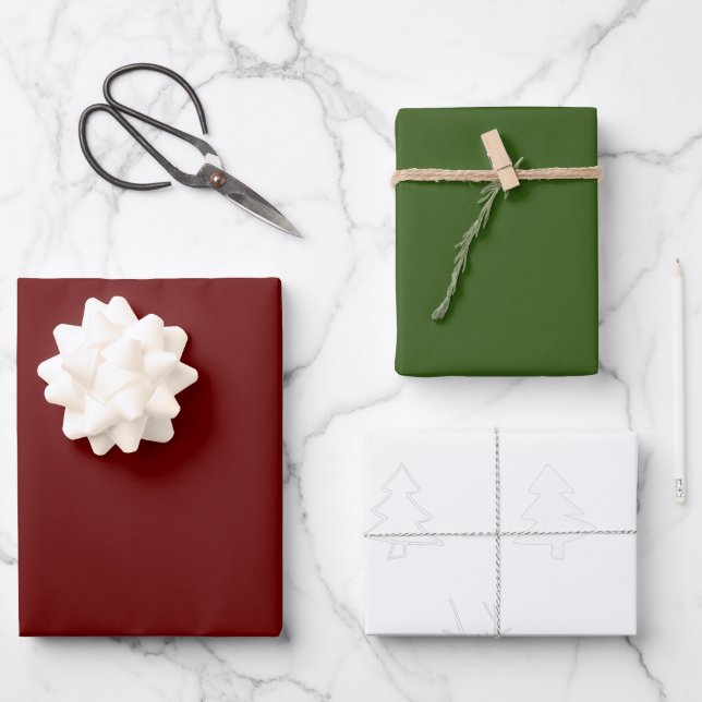 Minimalist Christmas White Deer in Trees Red Green Wrapping Paper Sheet (Front)
