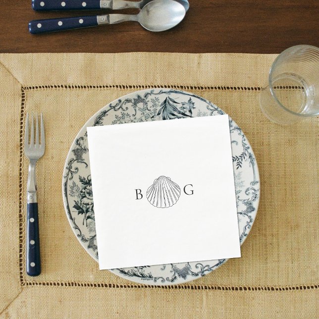 Minimalist Clam Seashell Monogram Wedding  Napkin (Minimalist Clam Seashell Monogram Wedding Napkins)