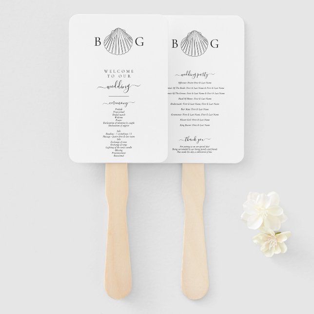 Minimalist Clam Seashell Monogram Wedding Program Hand Fan (Front and Back)