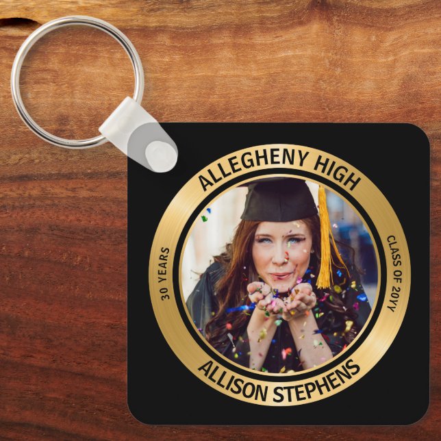 Minimalist Class Reunion Photo - Black | Gold Tone Keychain (Front)