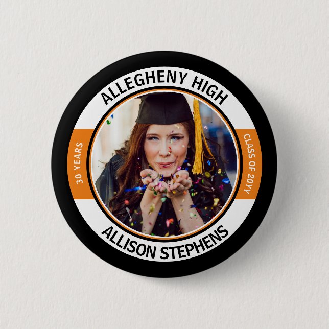 Minimalist Class Reunion Photo -Black Orange White 2 Inch Round Button (Front)