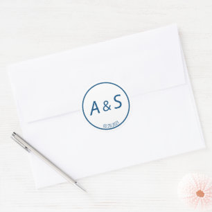 Minimalist Classic Blue Initials Date Wedding Round Sticker