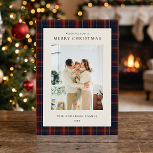 Minimalist Classic Blue Plaid Christmas Photo Holiday Card