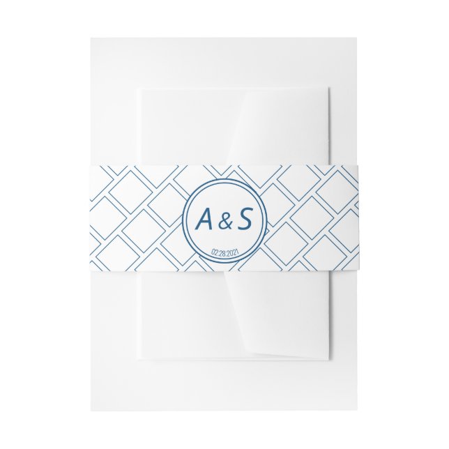 Minimalist Classic Blue White Initial Date Wedding Invitation Belly Band (Front Example)