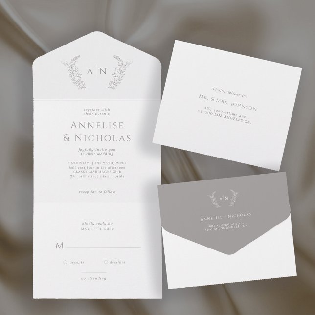 Minimalist classic formal leaf monogram wedding all in one invitation (Creator Uploaded)