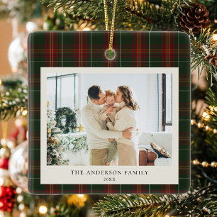 Minimalist Classic Green Plaid Christmas Photo Ceramic Ornament