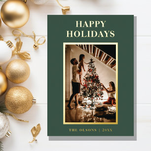 Minimalist Classic Holidays Green Letter and Photo Foil Holiday Card