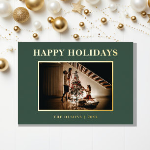 Minimalist Classic Holidays Green Photo and Letter Foil Holiday Card