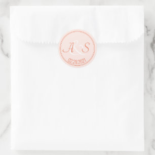 Minimalist Classic Initials Date Orange Wedding Classic Round Sticker