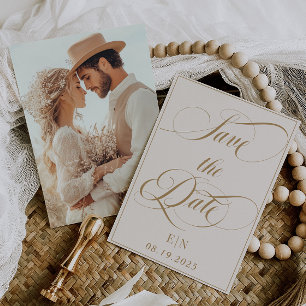 Minimalist Classic Ivory Gold Photo Save The Date
