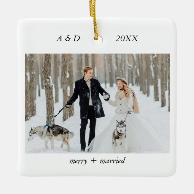 Minimalist Classic Merry and Married Photo Ceramic Ornament (Front)