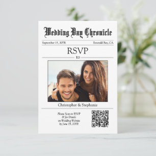 Minimalist Classic QR Code 1 Photo White Newspaper RSVP Card