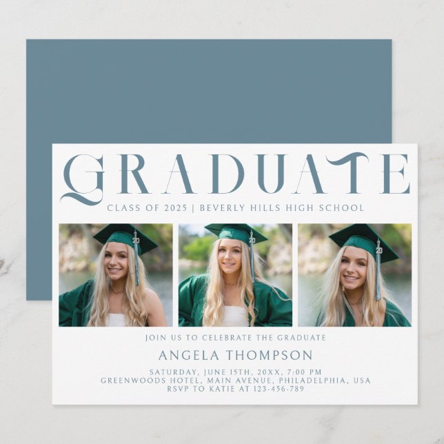 Minimalist Classic Typography 3 Photo Graduation Invitation (Front/Back)