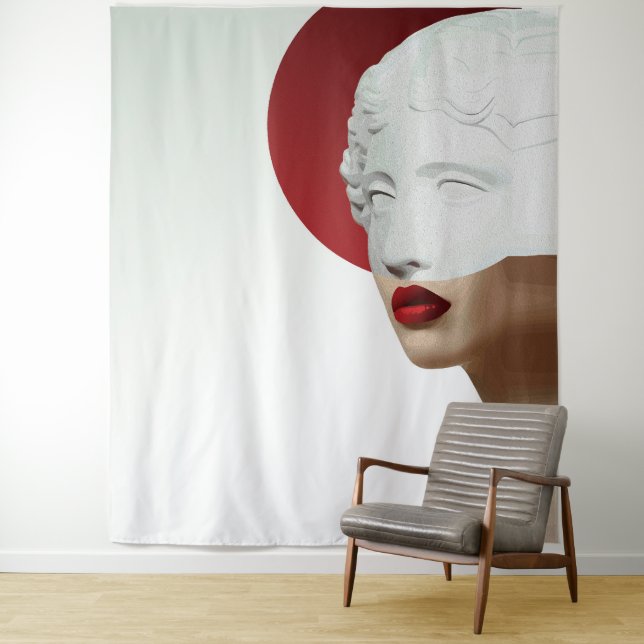 Minimalist Classical Sculpture Modern Red Circle Tapestry (In Situ)