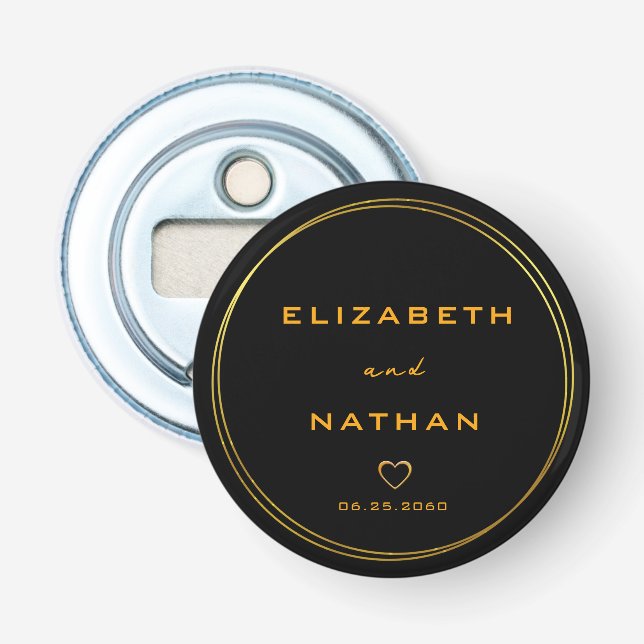 Minimalist Classy Black & Gold Floral Wedding  Bottle Opener (Front)