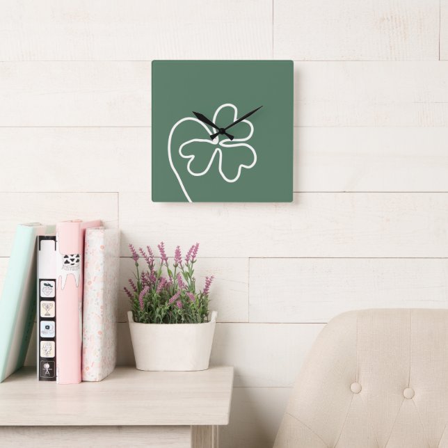 Minimalist Clover Leaf Line Drawing Green  Square Wall Clock (Reading Room)