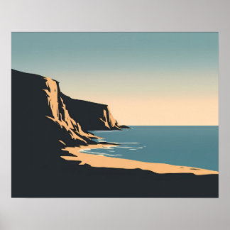 Minimalist Coastal Cliffs Golden Sunset Beach Poster