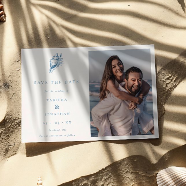 Minimalist Coastal  Floral Seashell Photo Wedding Save The Date (Creator Uploaded)
