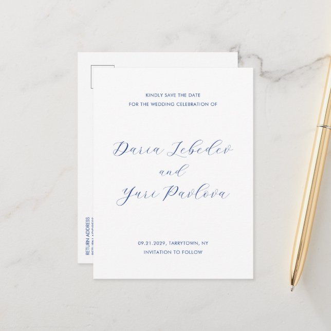Minimalist Cobalt Blue Wedding Save the Date Announcement Postcard (Front/Back In Situ)