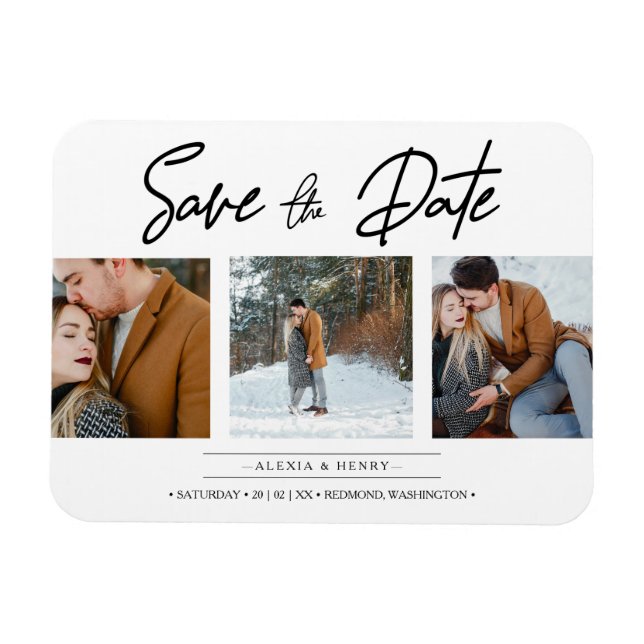 Minimalist Collage 3 Custom Photos Engaged Couple Magnet (Horizontal)