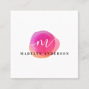 Minimalist colourful pink watercolor white monogra square business card