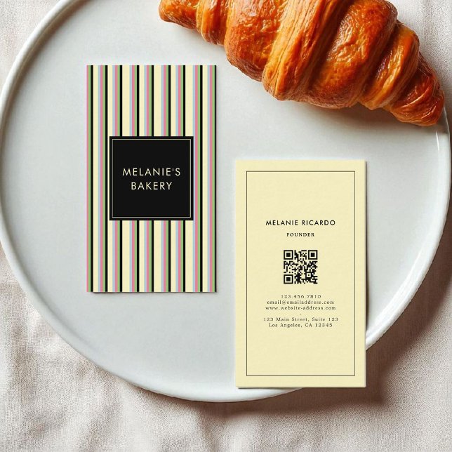 Minimalist Colourful Stripes Retro QR Code Bakery  Business Card (Creator Uploaded)