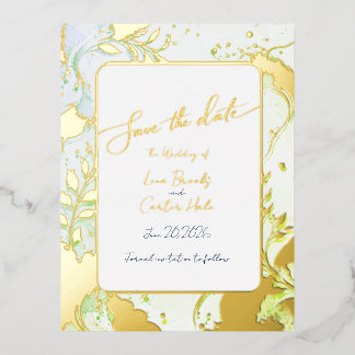 Minimalist Colourful Watercolor Foil Save the Date Invitation Postcard
