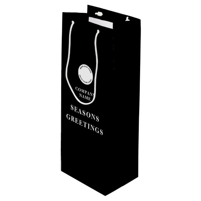 Minimalist Company Logo Name Merry Christmas Black Wine Gift Bag (Front Angled)