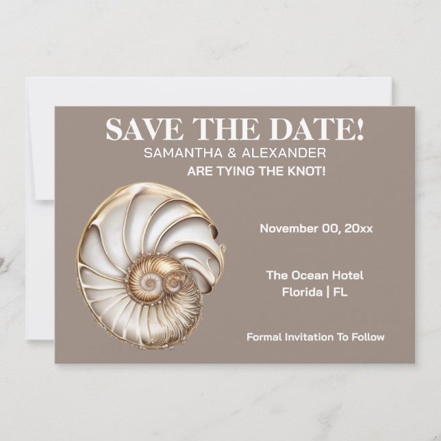 Minimalist Conch Shell Save The Date Card (Front)