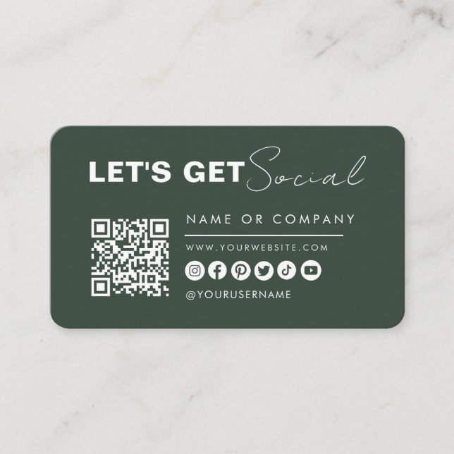 Minimalist Connect With Us Qr Code Dark Green Business Card (Front)