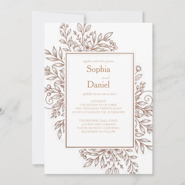 Minimalist Copper Floral Frame Wedding Invitation  (Front)