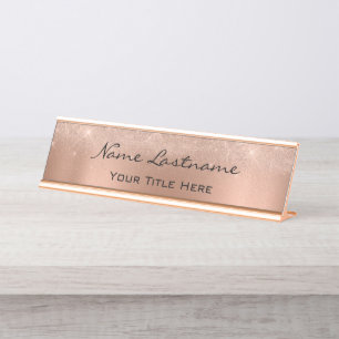 Minimalist Copper Rose Gold Custom Elegant Sparkly Desk Name Plate