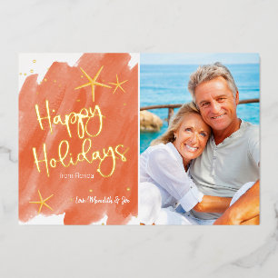 Minimalist Coral & Gold Tropical Beach Watercolor  Foil Holiday Card