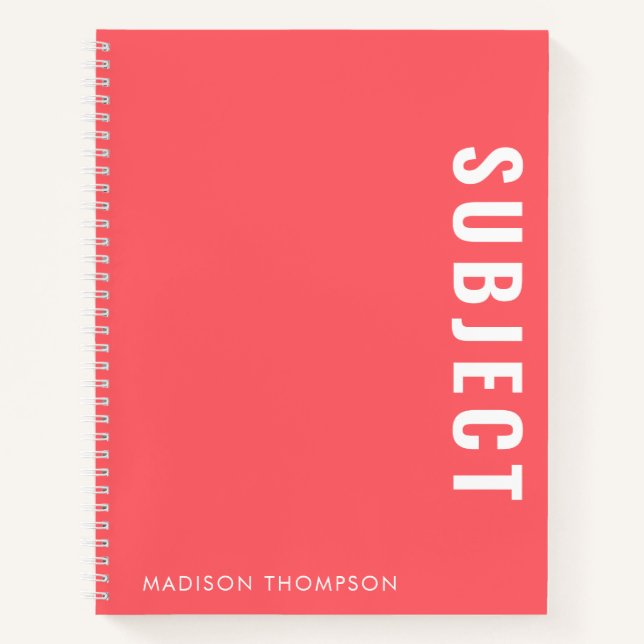 Minimalist Coral School Subject Student Name Notebook (Front)
