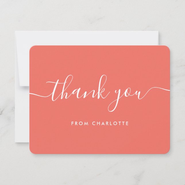 Minimalist Coral Script Wedding Shower Birthday Thank You Card (Front)