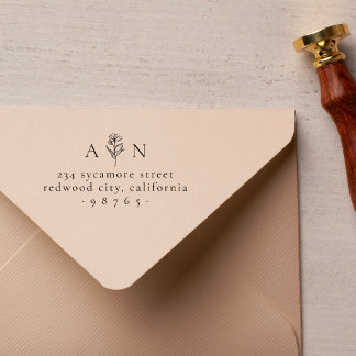Minimalist Couples Initials Floral Return Address Rubber Stamp